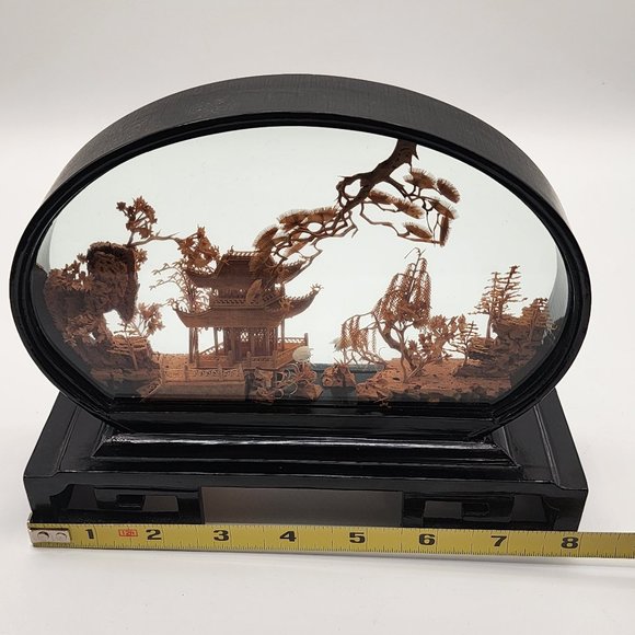 Vtg. Chinese SAN YOU Diorama Cork Carving Glass Case Pagoda Trees & Cranes 6.5"H - Picture 8 of 11